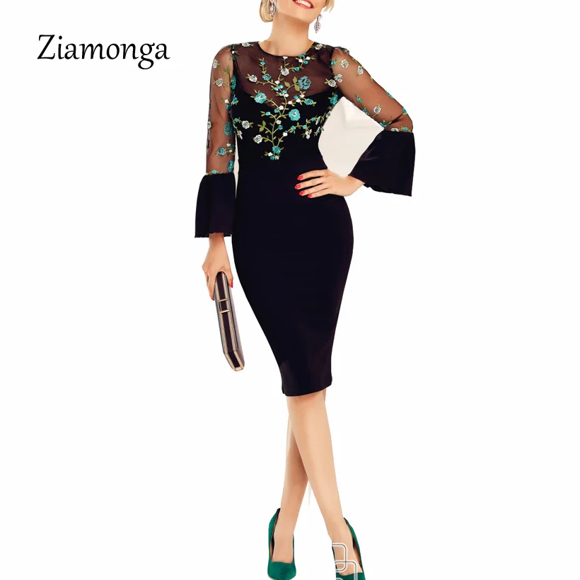 

Ziamonga Women Elegant Flare Sleeve Vintage Wear To Work Office Dress Sexy Mesh Embroidery Cocktail Party Dress Pencil Vestidos