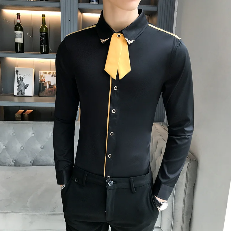 Мужские рубашки с отстегивающимся галстуком длинным рукавом Slim Fit мужской