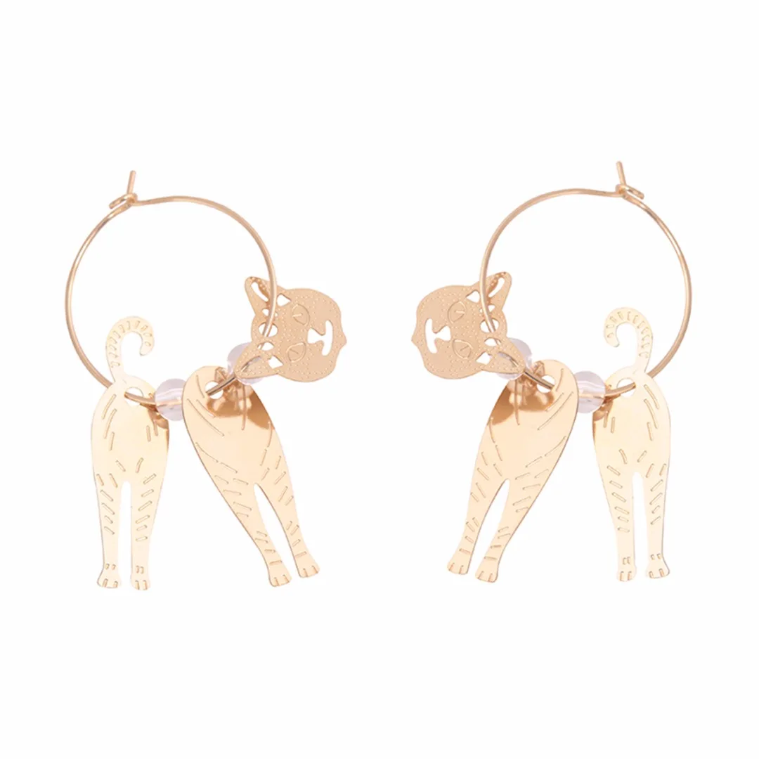 Cute Gold Cat Dangle Earrings Brincos Mujer Faux Pearl Circle Hook Earrings Pendientes For Women Fashion Jewelry Shellhard