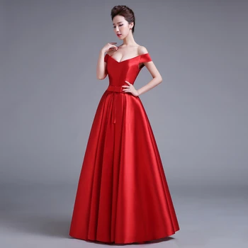 

Robe De Soiree Short Sleeves Red Color Satin Long Evening Dresses New Floor Length Vintage Lace Top Cheap Prom Dresses