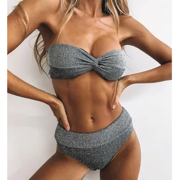 

Women Bodycon Swimwear Suit 2019 Bikini Strapless Push Up High Waist Bikini Swimwear Bathing suit Knot Silver Sexy