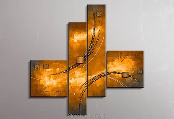 

High Quality 4 Panel Arts Set Modern Yellow Line Golden Knife Flower Oil Painting On Canvas Abstract Home Decor For Living Room