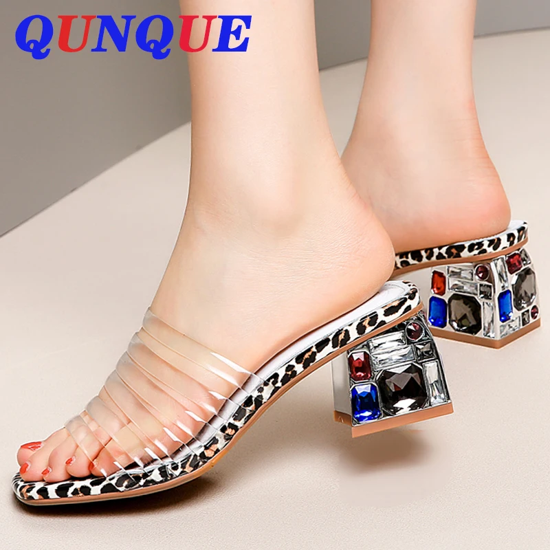 

Plus size 34-42 new women PVC crystal Colorful heel transparent women sweet clear perspex heels summer slides a035