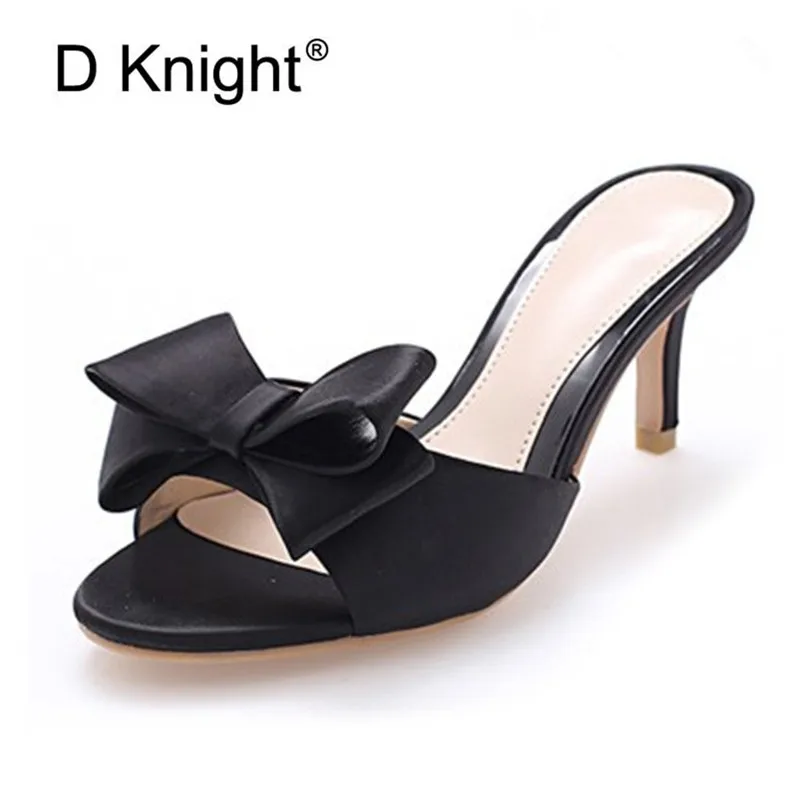 

2019 Summer Shoes Woman Big Bow Thin High Heels Slippers Peep Toe Mules Lady Slides Shoes Plus Size 43 Black Red Women Sandals