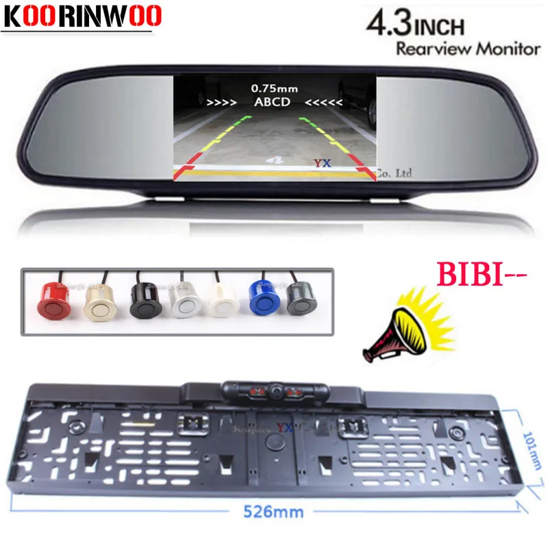 

Koorinwoo Car Parking Sensors Kit Car Mirror Monitor Europe License Plate Frame Rearview Camera Buzzer 4 Probes Parkronic System