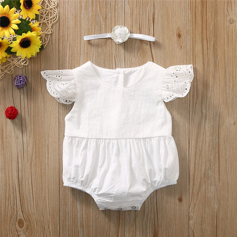 baby romper Summer Infant Baby Girls Lace Fly Sleeve Ruffles Solid Romper +Headband  #4J1 (1)