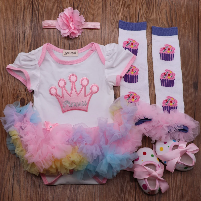

4PCs per Set Rainbow Tutu Dresses Baby Girls Crown 1st 2nd Birthday Party Dress Jumpersuit Headband Shoes Leggins for 0-24Months