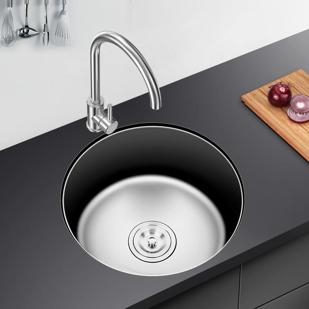 Kitchen sink single groove 304 stainless steel circular flume with water fittings copper faucet
