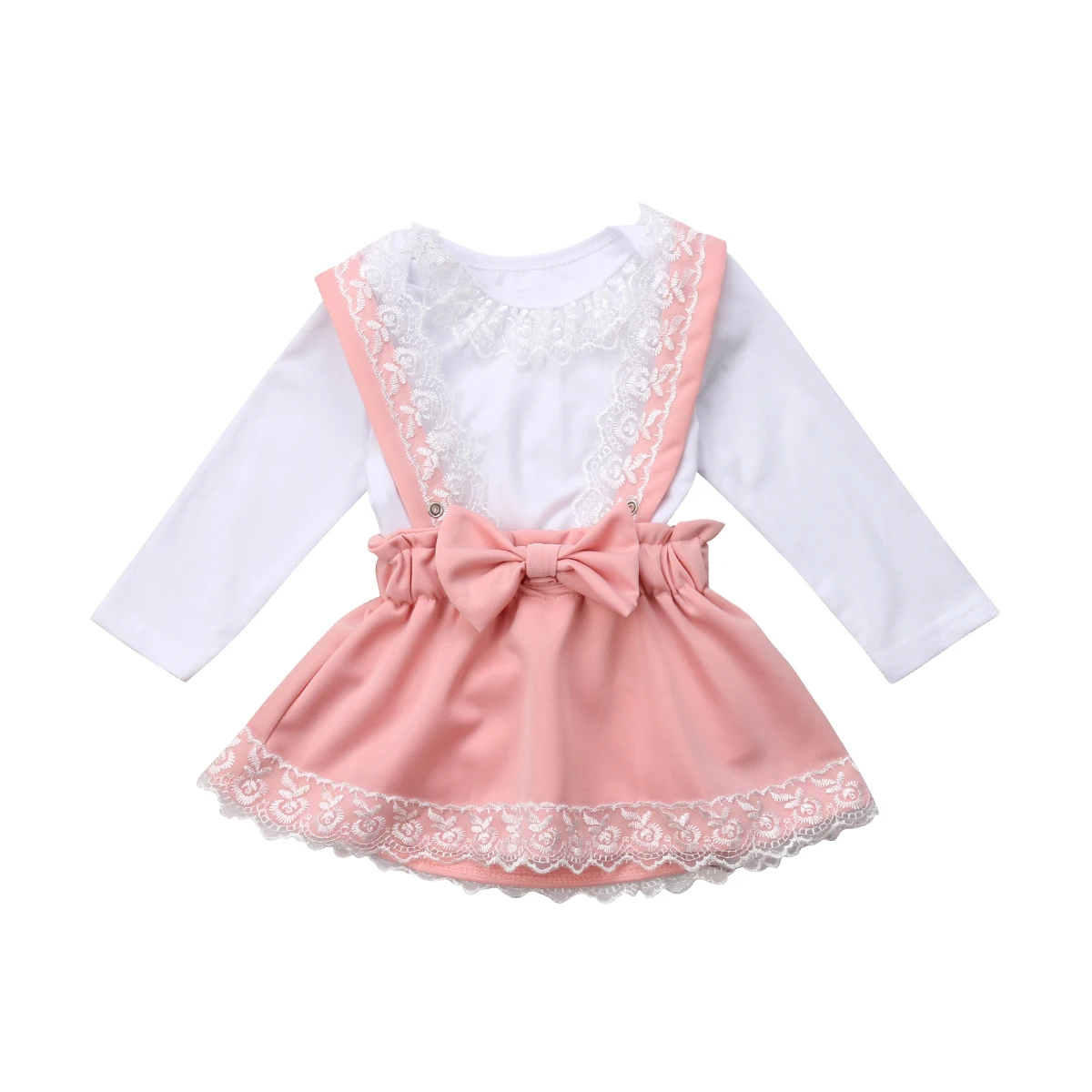 Кружевная Одежда для маленьких девочек детский комбинезон с длинными рукавами и бантом для девочек, вечерние платья принцессы с юбкой Одежда для новорожденных однотонная повседневная одежда - Цвет: Розовый