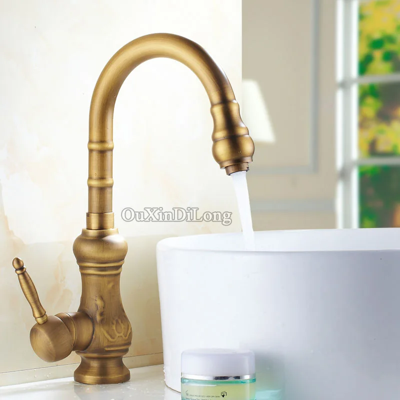 

Free Shipping Kitchen faucet Antique Brass Bathroom Basin Faucet Swivel Spout Vanity Sink Mixer Tap Single Handle cocina
