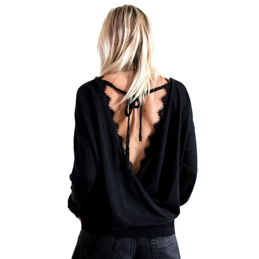 

T-Shirt Women Lace Backless Sexy Autumn Shirt Full Sleeve O Neck Fashion Women Shirt Clothes Roupas Feminina#121