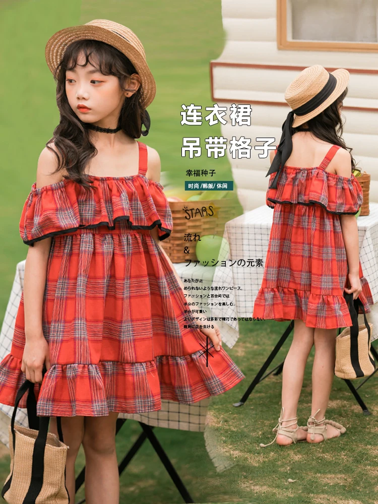 

Teen Summer Dress Plaid Shoulderless Kids Dresses For Girls Cotton High Quality Teenage 8 9 10 12 14 Years Vestidos Adolescente
