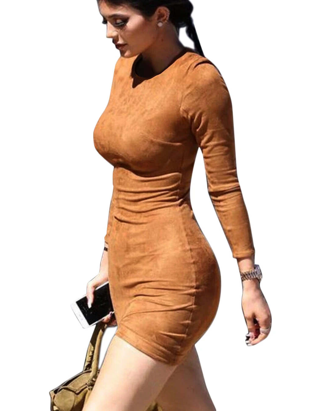 brown long sleeve bodycon dress