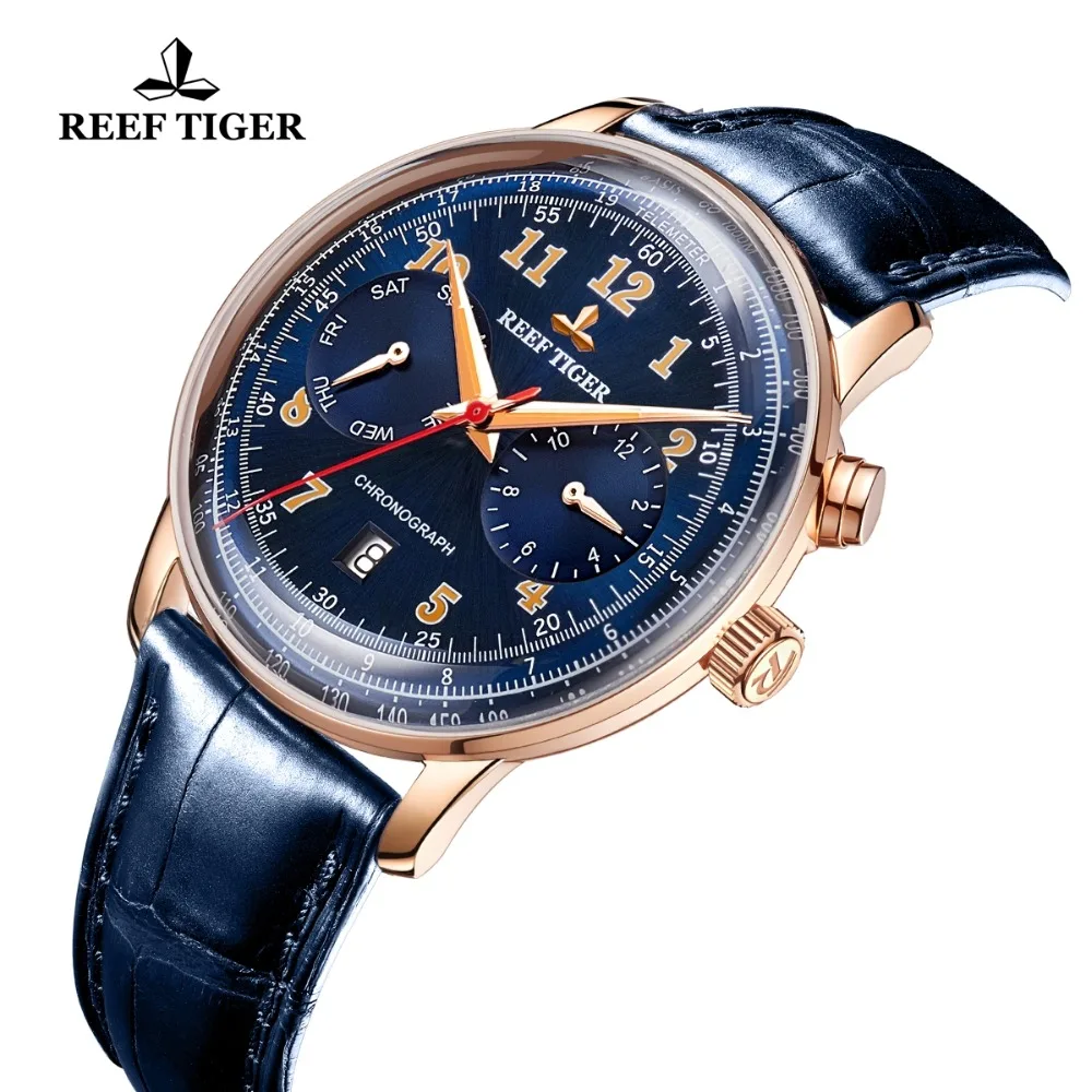 Мужские наручные часы Reef Tiger/RT синие автоматические пилот Функциональные