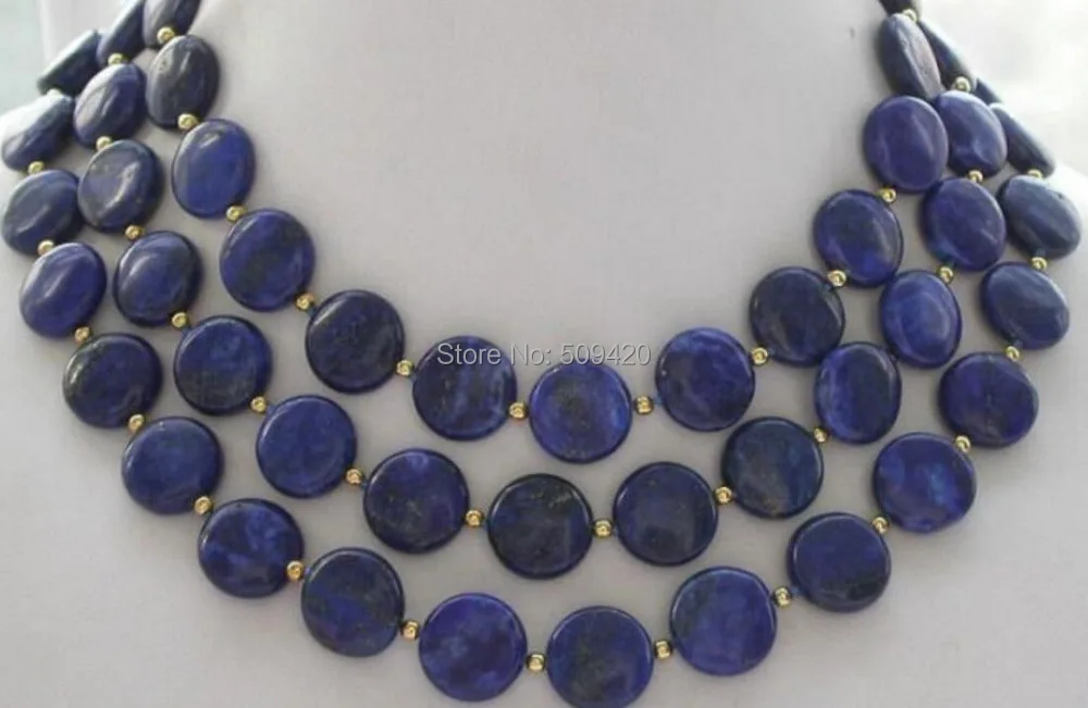 

W&O655 >100% Natural 14mm coin blue lapis lazuli bead necklace 50 inches