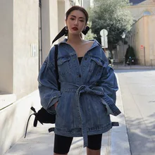 2019 Korean Version of The New Retro Relaxed Joker Lapel Long Sleeve Waist Tie Cowboy Coat Women Jean Jacket 2019 Women raglan sleeve self tie waist coat