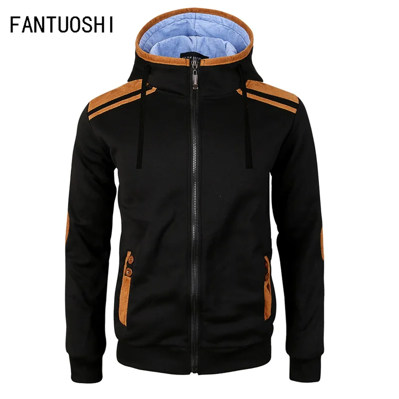 

Men Hoodies Jacket Drawstring Zipper Hooded Sweatshirt Tops Male Long Sleeve Pocket splice Hoodie slim Coat black XXL