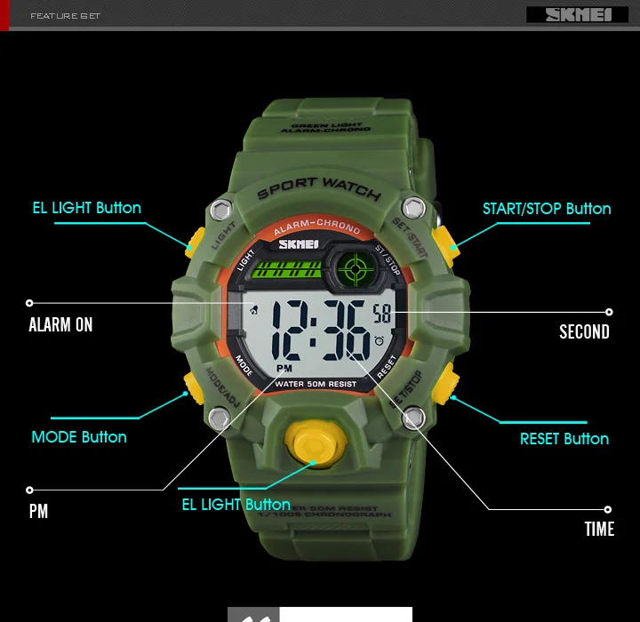 SKMEI детские спортивные часы, модный светодиодный цифровой Кварцевые часы для детей, для мальчиков и девочек, 50 м, водонепроницаемые спортивные наручные часы