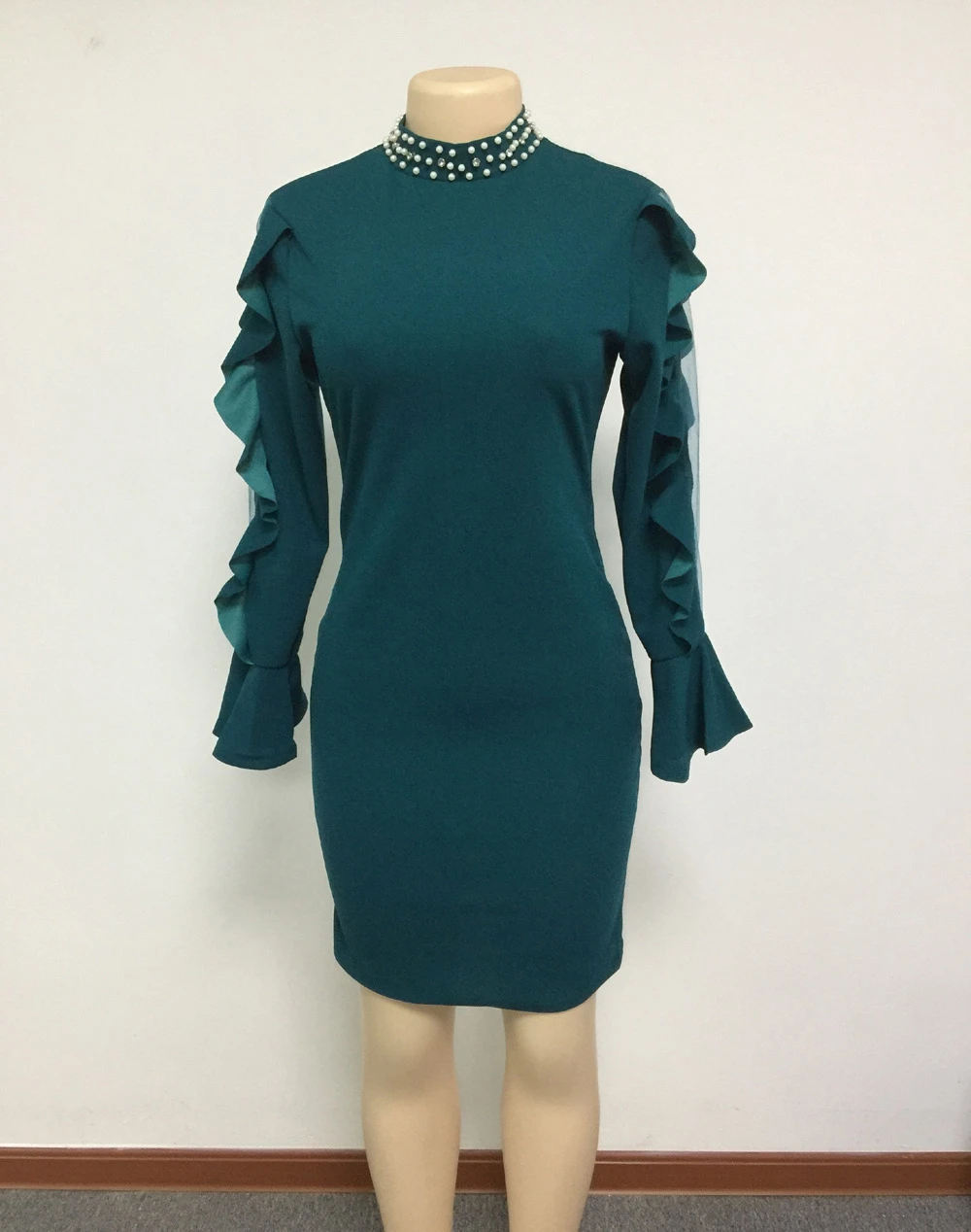 BAIBAZIN Africa Dress for Women Europe United States National Dress New Mesh Stitching Horn Sleeve Commuter Bag Hip Dress