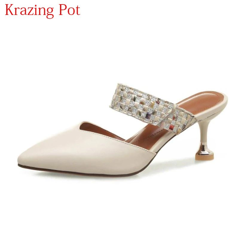 

New Arrival Full Grain Leather Slip on Slingback Nightclub Women Sandals Strange Style High Heels Pointed Toe Shallow Mules L25