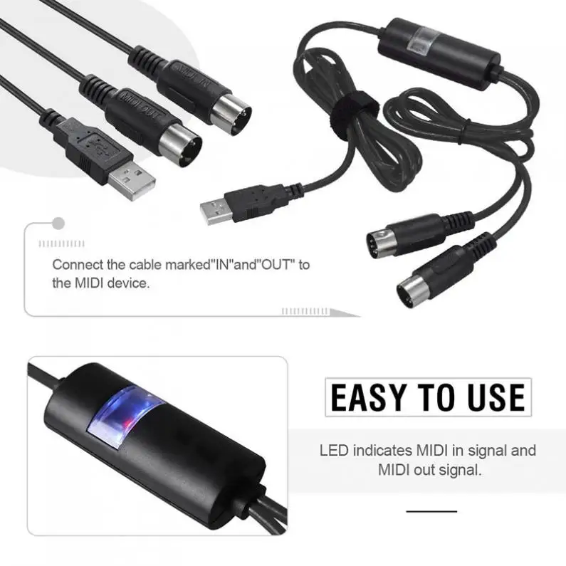 2 Meters USB to MIDI Cable Electric Piano Drum Guitar Music Compile Interface Adapter Cable Converter