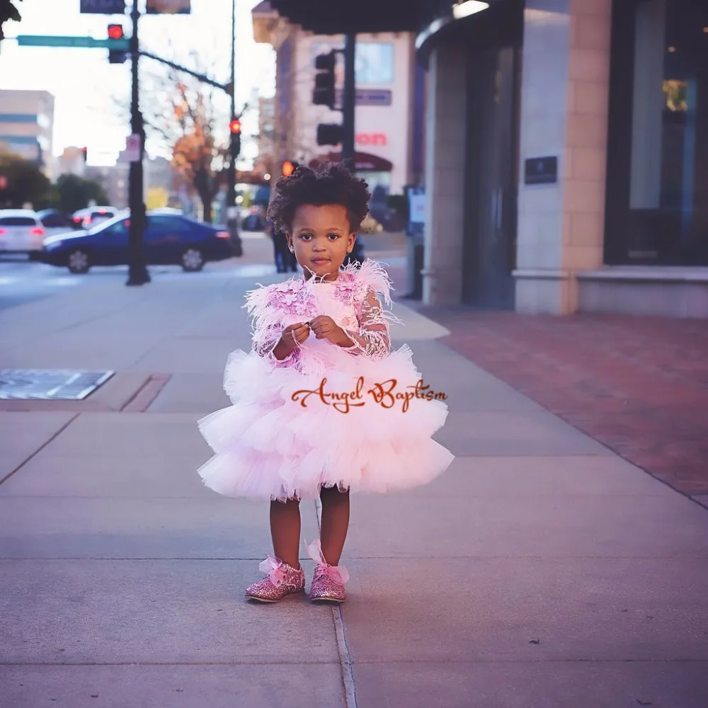 Pretty pink flower girl dresses sheer sleeves toddler dress appliqued bead feather girls summer dress tiered 1st birthday outfit Pretty pink flower girl dresses sheer sleeves toddler dress appliqued bead feather girls summer dress tiered 1st birthday outfit