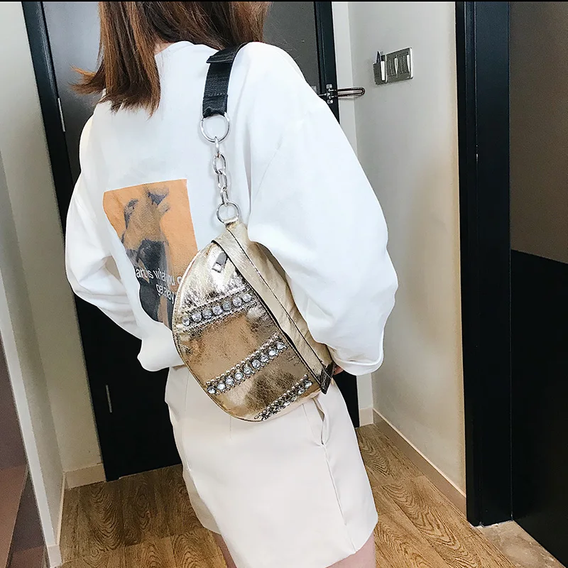 الفاخرة النساء الخصر حزم الأزياء الماس مضحك حقيبة ظهر العلامة التجارية تصميم السيدات مخلب Crossbody حقيبة حزام جلد الصدر أكياس الذهب