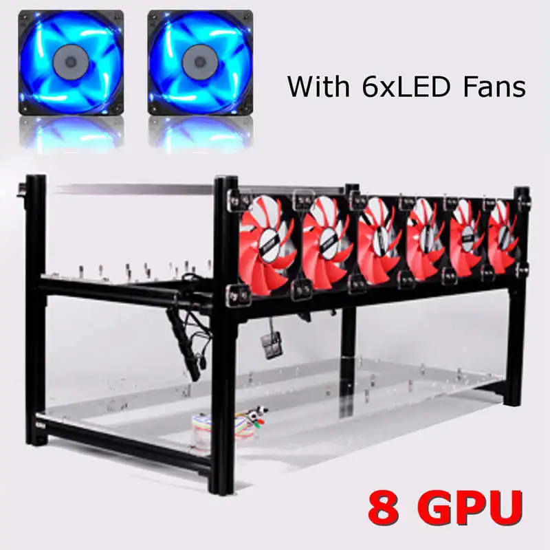 

8 GPU Mining Frame with 6 x LED Fans Aluminum Stackable Frame For Ethereum BTC Mining Case