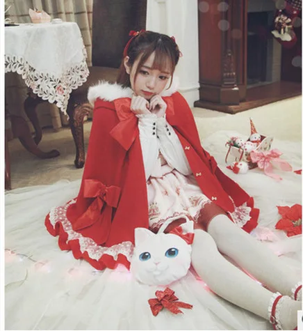 Зимнее новое шерстяное пальто японский женский милый Рождественский плащ с капюшоном с бантом красное пальто теплый стиль Лолита меховой воротник женский плащ