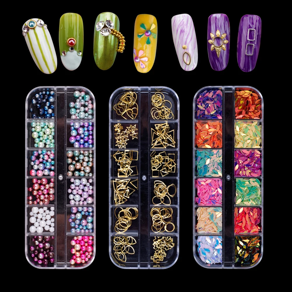 Mixed 12 Grids Nail Crystal Rhinestones Palette DIY Nail Sequins Mermaid Beads Nail Art