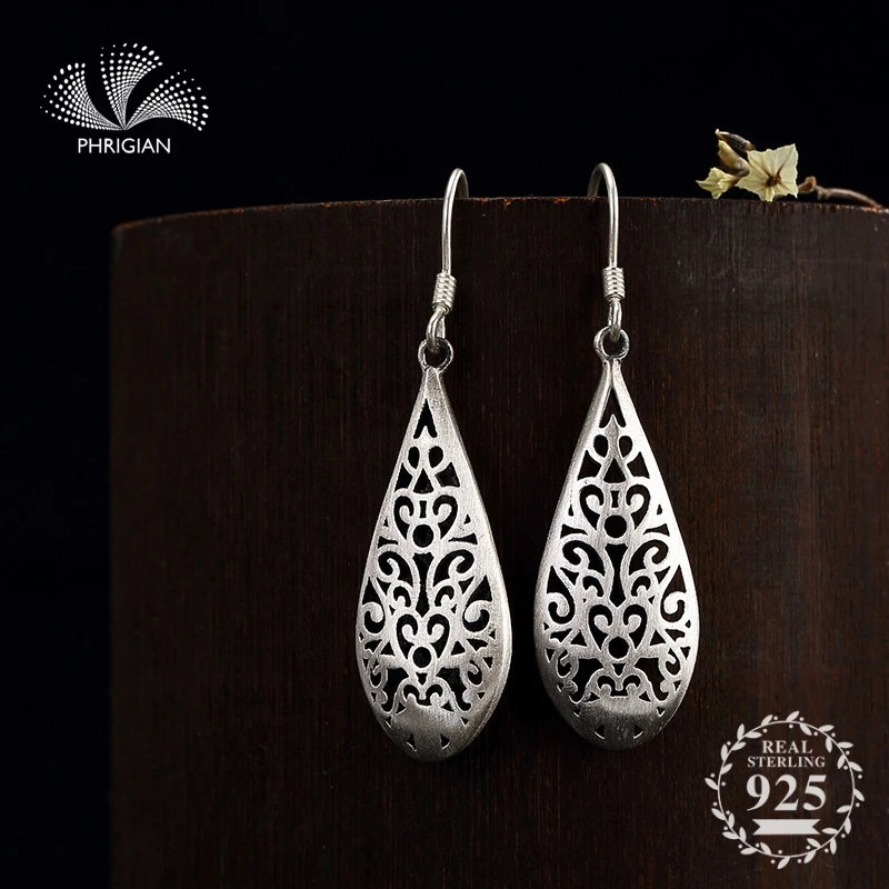 

NOT FAKE S925 Fine Jewelry Earrings 100% Sterling Silver handicraft Antique store Vintage Natural Retro Exquisite plant