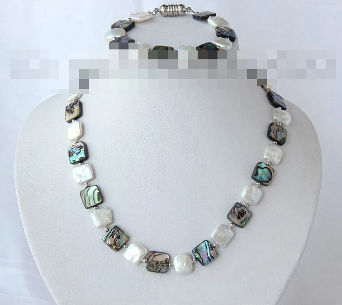 

free shipping 07775 baroque white pearl green abalone shell necklace bracelet set (A0513)
