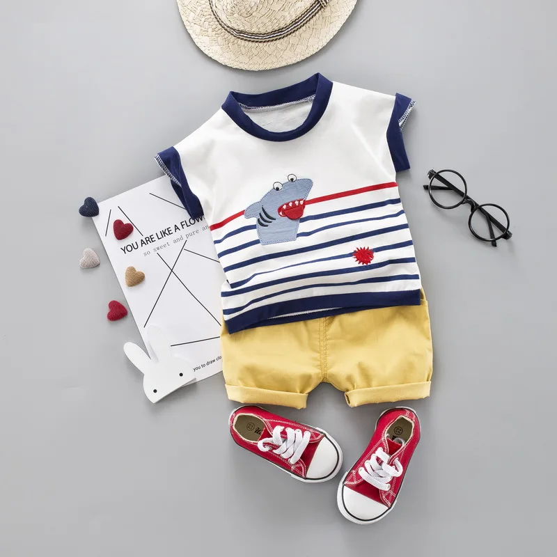 

Toddler Boy Clothes Summer Set Outfit Striped Cartoon Shark Children Clothing Short Sleeve Shirt Baby Boys Suit 1 - 4 Years