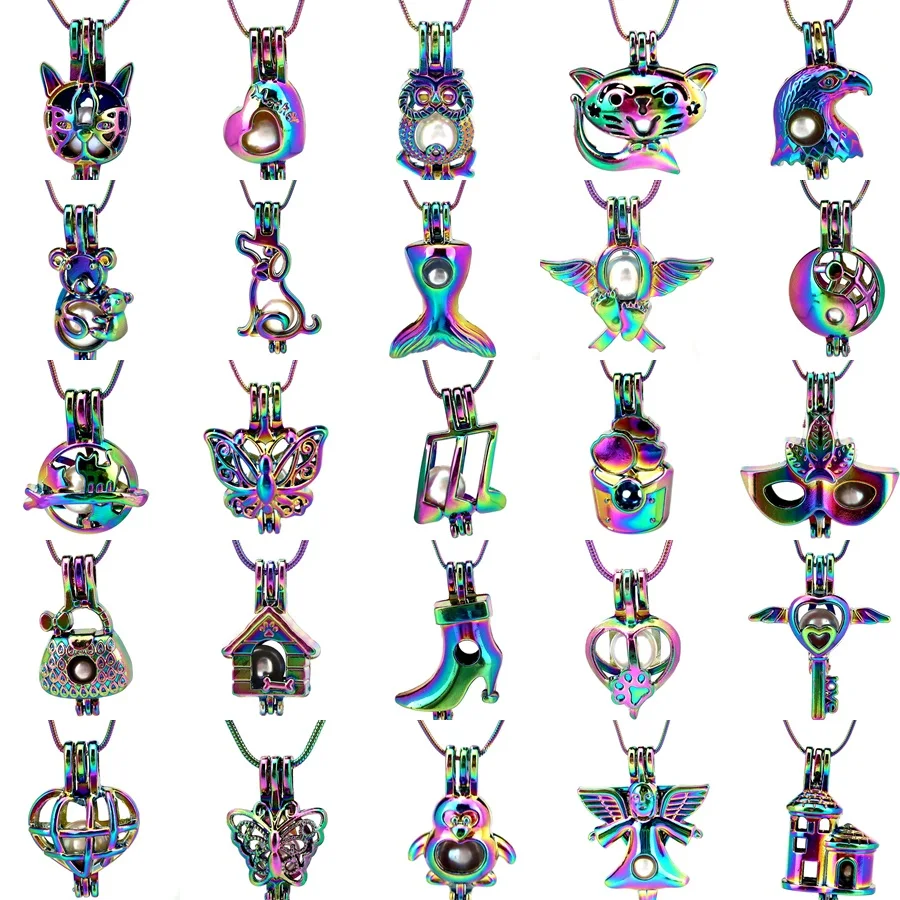 

Rainbow Color Stainless 22'' Snake Chains Necklace Angel Women's Bag Cat Heart Beads Pearl Cage Locket Pendant Necklace