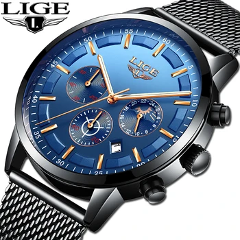 

LIGE Mens Watches Top Brand 2019 New Men's Luxury Casual Sports Quartz WristWatch Men Fashion Moon Phase Mesh Belt Waterproof Cl