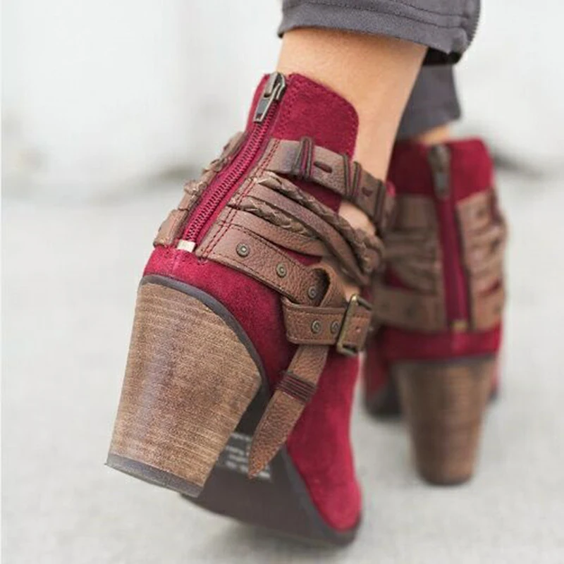 Online Fanyuan Otoño Invierno mujer Botines Casual señoras zapatos Martin botas gamuza cuero hebilla botas de tacón alto cremallera nieve botas