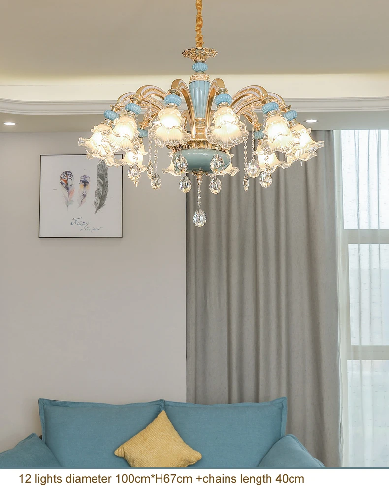 Европейский стиль, люстра для гостиной, роскошная хрустальная лампа, атмосфера, спальня, ресторан, люстра, освещение, голубые керамические лампы