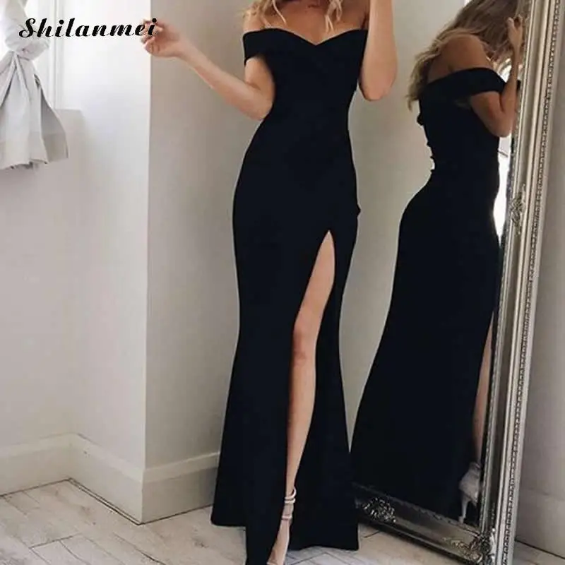

Black Party Dress For Women 2018 Summer Sexy Off Shoulder Long Split Maxi Dress Pink Blue White Evening Wear Backless Vestidos