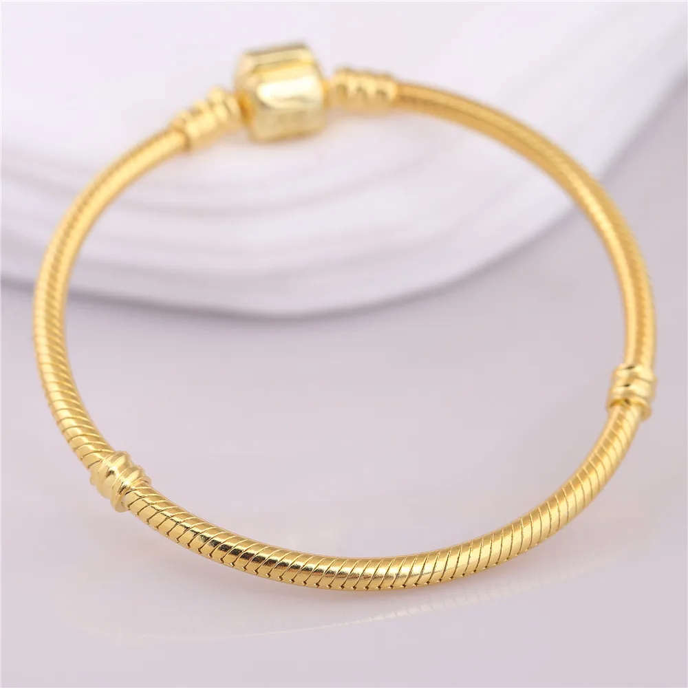 

Original 925 Sterling Silver Bracelet Pan Gold Color Barrel Clasp Snake Chain Basic Bangle For Women Bead Charm Diy Jewelry