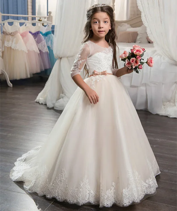 

Flower Girl Dresses Three Quarter Sleeves Lace Up Bow Sashes Lace Appliques Communion Dresses Vestido Daminha New Arrival