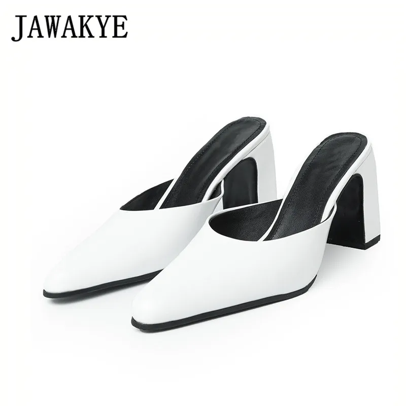 

2019 New Arrival White Genuine Leather Square High Heel Slippers Women Pointed Toe Ladies Mules Outdoor Slip On Shoes Woman