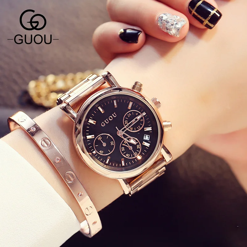 

GUOU AAA Luxury Full Steel Women Watch Rose Gold Calendar 3 Eyes Ladies Female Women Dress Quartz Watches Wristwatch GU003