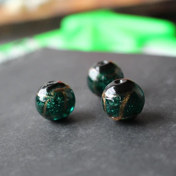 

10Pcs/Lot 12mm 14mm Handmade Lampwork Glass beads with gold line painting Teal Green color for jewelry making