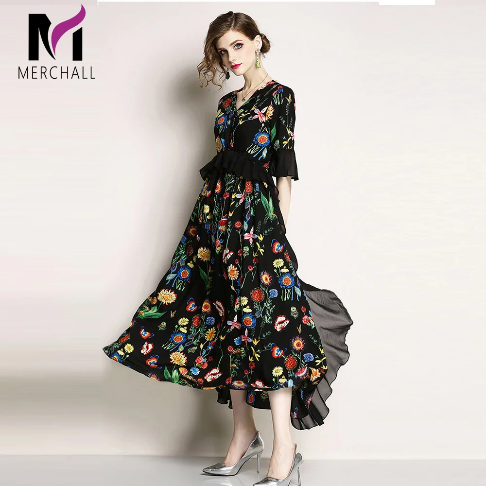 

Merchall Fashion Runway Summer Short Sleeve Maxi Dress Women's elastic Waist Floral Print Elegant Party Holiday Long Dress