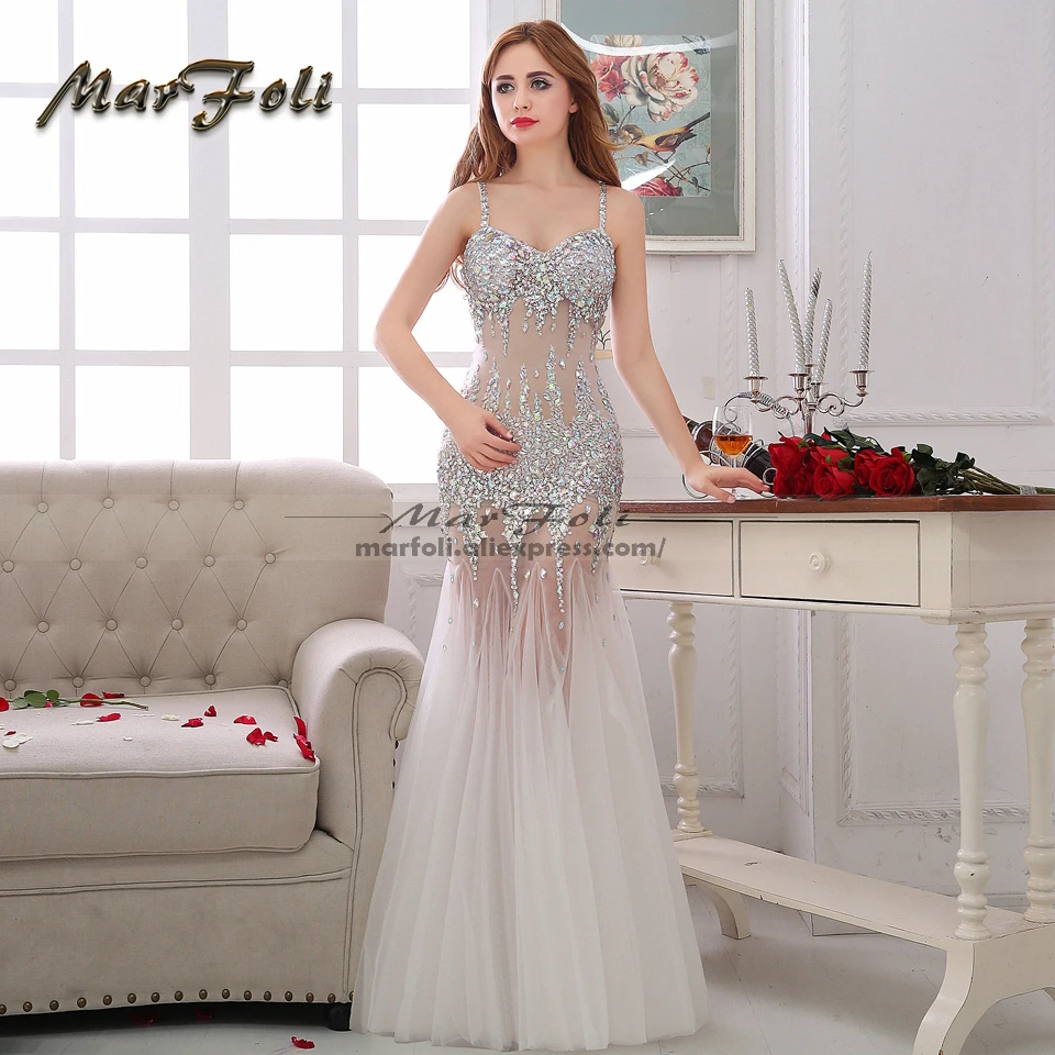 MarFoli Luxury Crystal Floor-Length Full manual Sexy Star dress Evening dress Cocktail dress Tulle Illusion prom Customized Gown