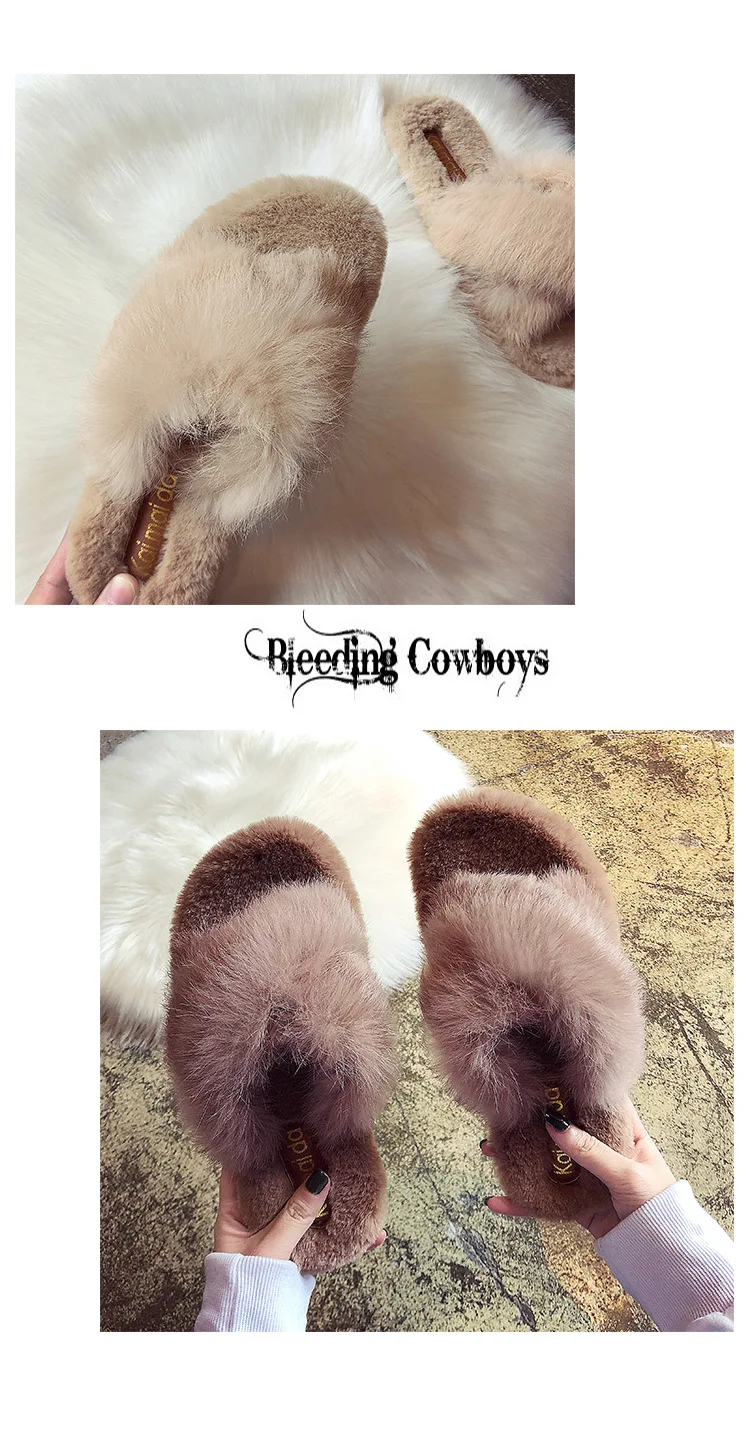 COOLSA Women's Fluffy Rabbit Fur Slippers Fashion Indoor Cross Fur Slides Casual Push Cotton Flip Flops Large Size Shoes