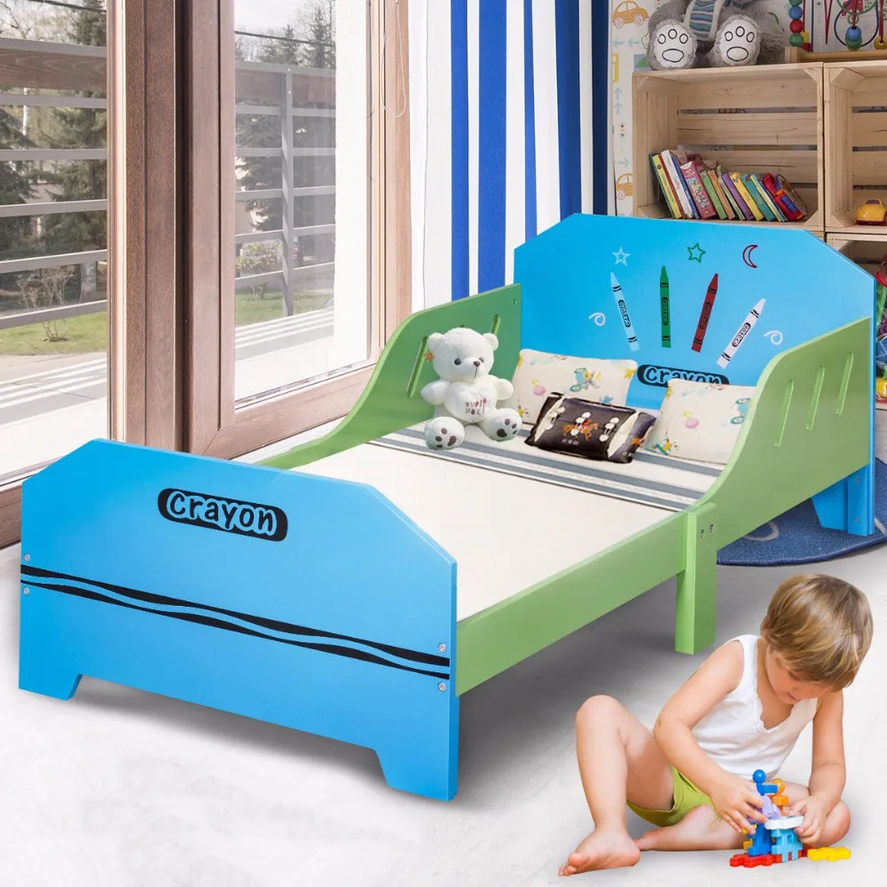 Giantex Crayon тематическая деревянная детская кровать с рельсами для малышей и детей красочная мебель для спальни детские деревянные кровати