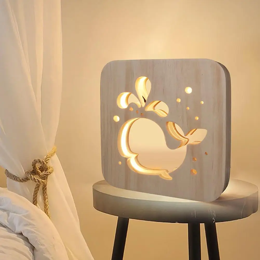 

Whale LED Night Light Hollow Wood Carving Craft Desk Lamp Living Room Decor