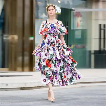 

Women Runway Dress 2019 High Quality Spring Summer Floral Print Spaghetti Strap Ruffles Elegant Ladies Dresses NP0134N