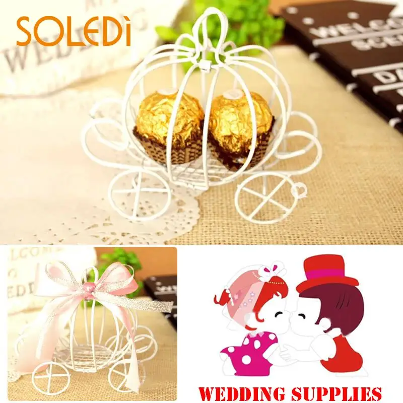 

Wedding Carriage Pumpkin Car Designed White Iron Cut Candy Box Gift Party Favor
